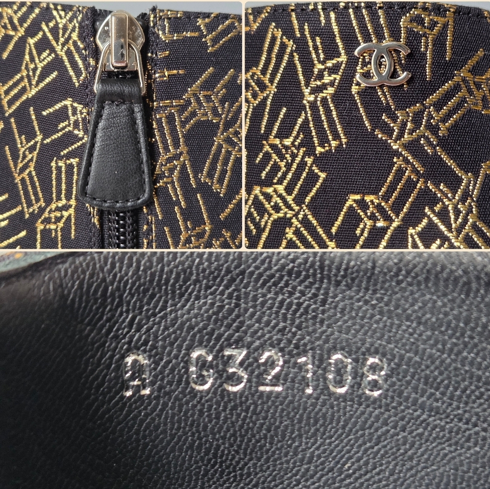 CHANEL CC Logo Cap Toe Ankle Boots With Metal Ruler Heels Gold Chair Print 37.5 - Picture 12 of 16